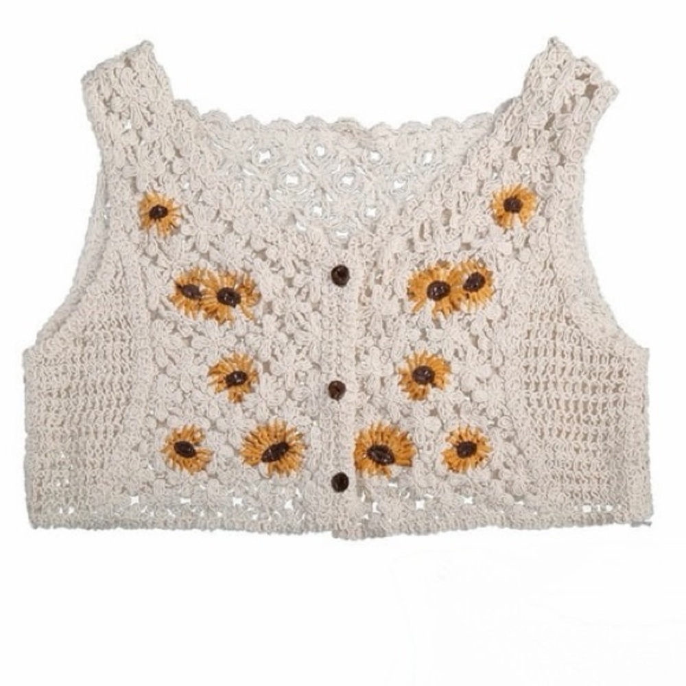 Sunflower Crochet Knit Vest Retro Boho Festival Crop Top Size Small - Picture 6 of 12
